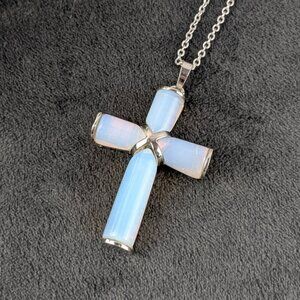 Opalite crystal and silver cross shaped pendant, free chain, unisex women men